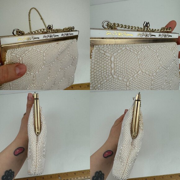 Vtg Small Beaded Purse Handbag Small Ivory Cream Gold Chain Hexagon Pattern READ - Picture 10 of 10